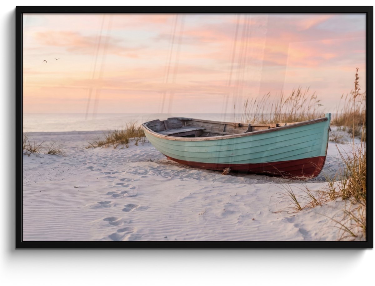 FrameYourWall Poster in lijst - Fotolijst 120x80 cm - Posters - Rustiek - Roeiboot - Zandstrand - Posterlijst zwart - Decoratie - Wanddecoratie woonkamer - Muurdecoratie slaapkamer