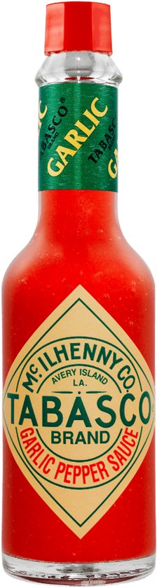 Tabasco Garlic Pepper Sauce fles met rode dop en groen/geel etiket.