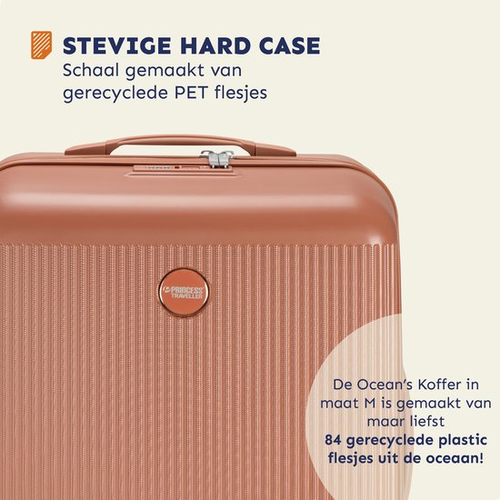 Roze koffer met ribbelstructuur en het Princess Traveller logo. De koffer is gemaakt van gerecyclede PET-flessen.