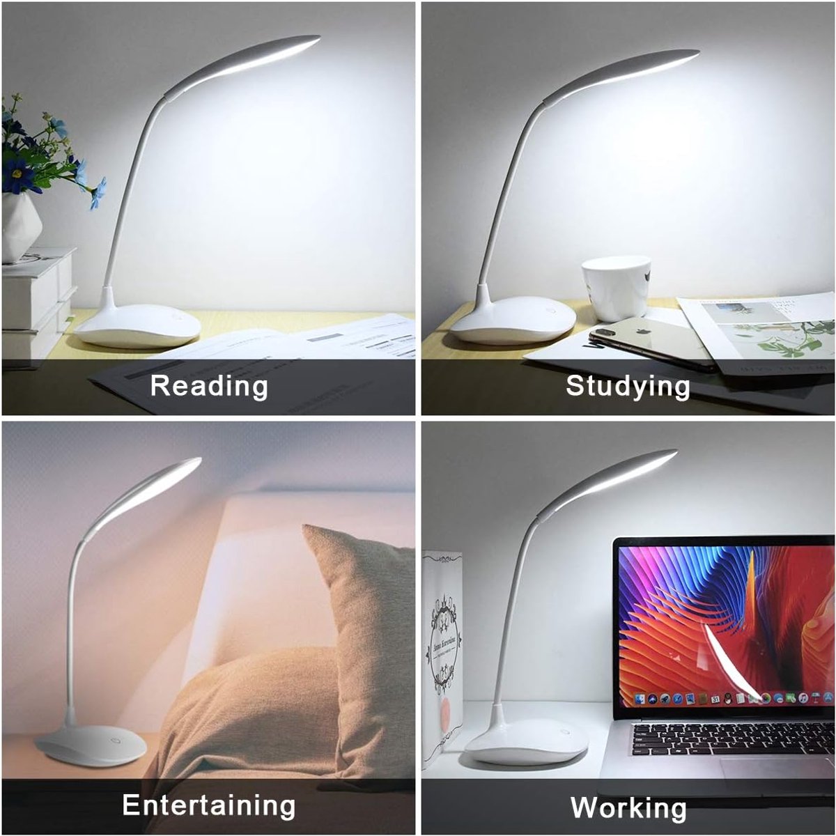 GLOBEREXSPAINSOLUCIONESSLU LED-bureaulamp, LED-leeslamp met USB-kabel, 15 LED's, 3 helderheidsniveaus, 360° flexibel, 1200 mAh, touchbediening, oogbescherming, voor studie en lezen thumbnail 4