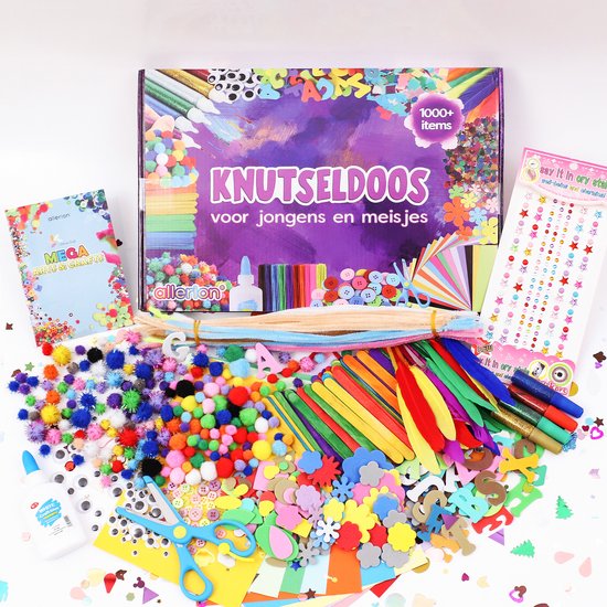 Knutseldoos voor jongens en meisjes, met 1000+ items: pompons, wiebelogen, chenilledraad, knutselpennen, veren, knopen en stickervellen.