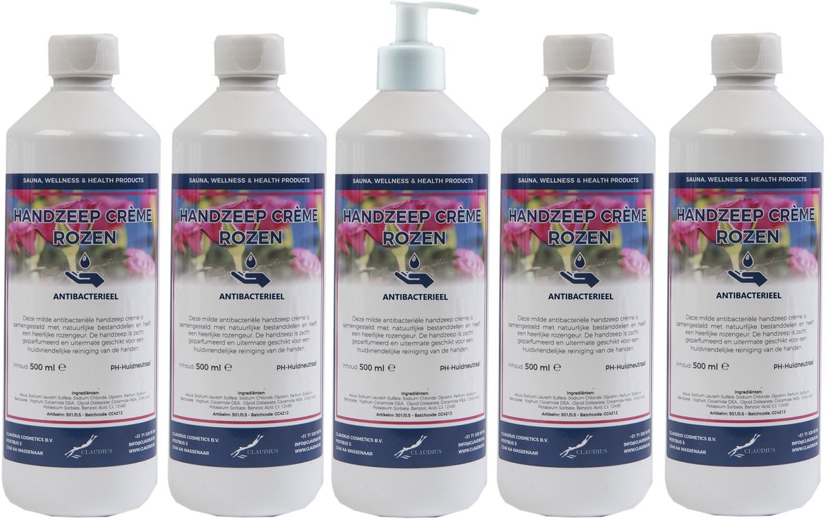 Handzeep Crème Rozen 500 ml - set van 5 stuks - met gratis pomp - Voordeelverpakking