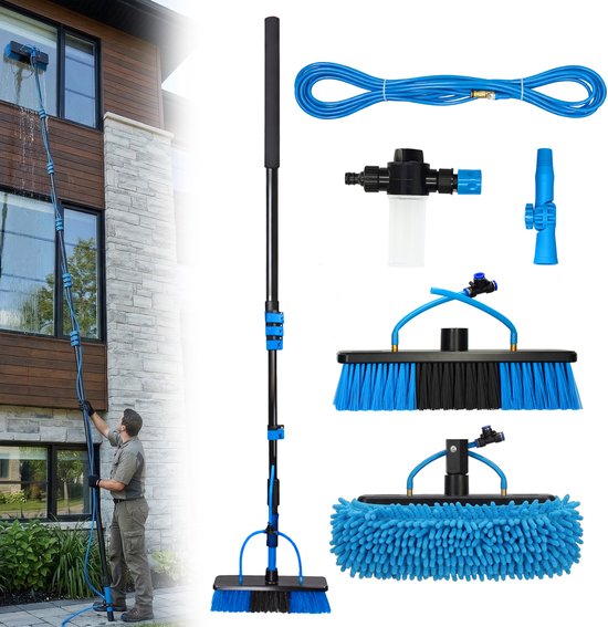Telescopische Wasborstel 7 Meter - Ruitenreiniger - Raamtrekker Professioneel - Uitschuifbare Telescoopsteel Ramenwassen - Ramenwassen Met Steel - Ruitenwasser - Zonnepanelen - Waterdoorvoer - Auto - Waterbezem - Waterborstel - Cleanrite - Blauw
