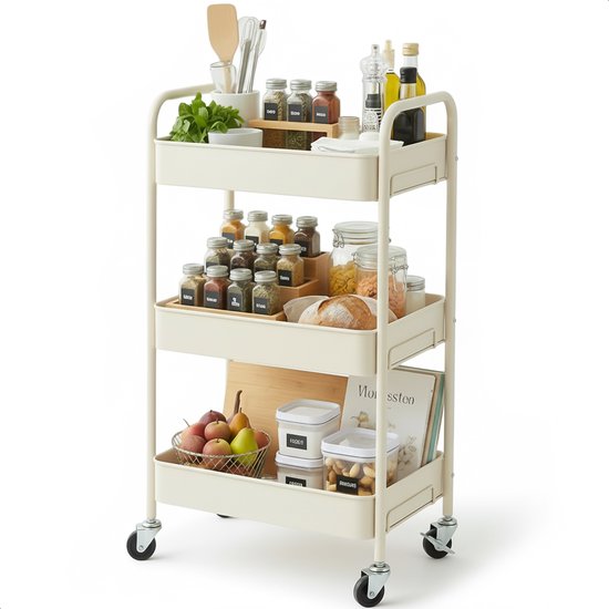 KOMFOTTEU Serveerwagen met 3 niveaus, keukentrolley met wielen (2 met rem) en praktische handgrepen, bijzetwagen met 50 kg draagkracht per plank, 103 x 49 x 98 cm