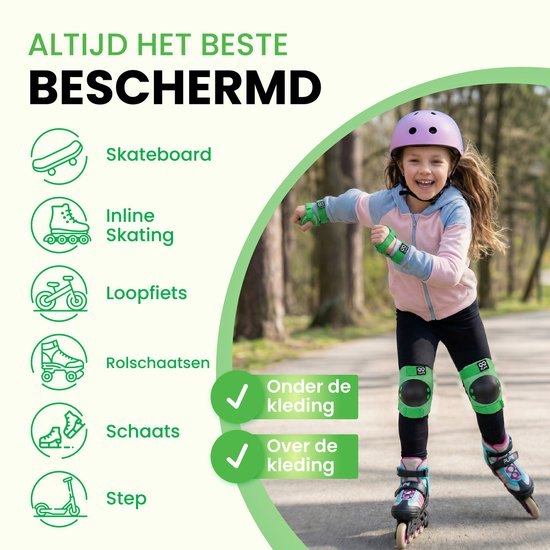 Meisje met helm en inline skates, draagt groene beschermers. Geschikt voor skateboarden, inline skating, loopfietsen, rolschaatsen, schaatsen en steppen.