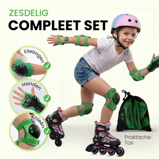 Compleet zestig delige set groene beschermers (ellebogen, handen, knieën) en tas. Meisje met inline skates.