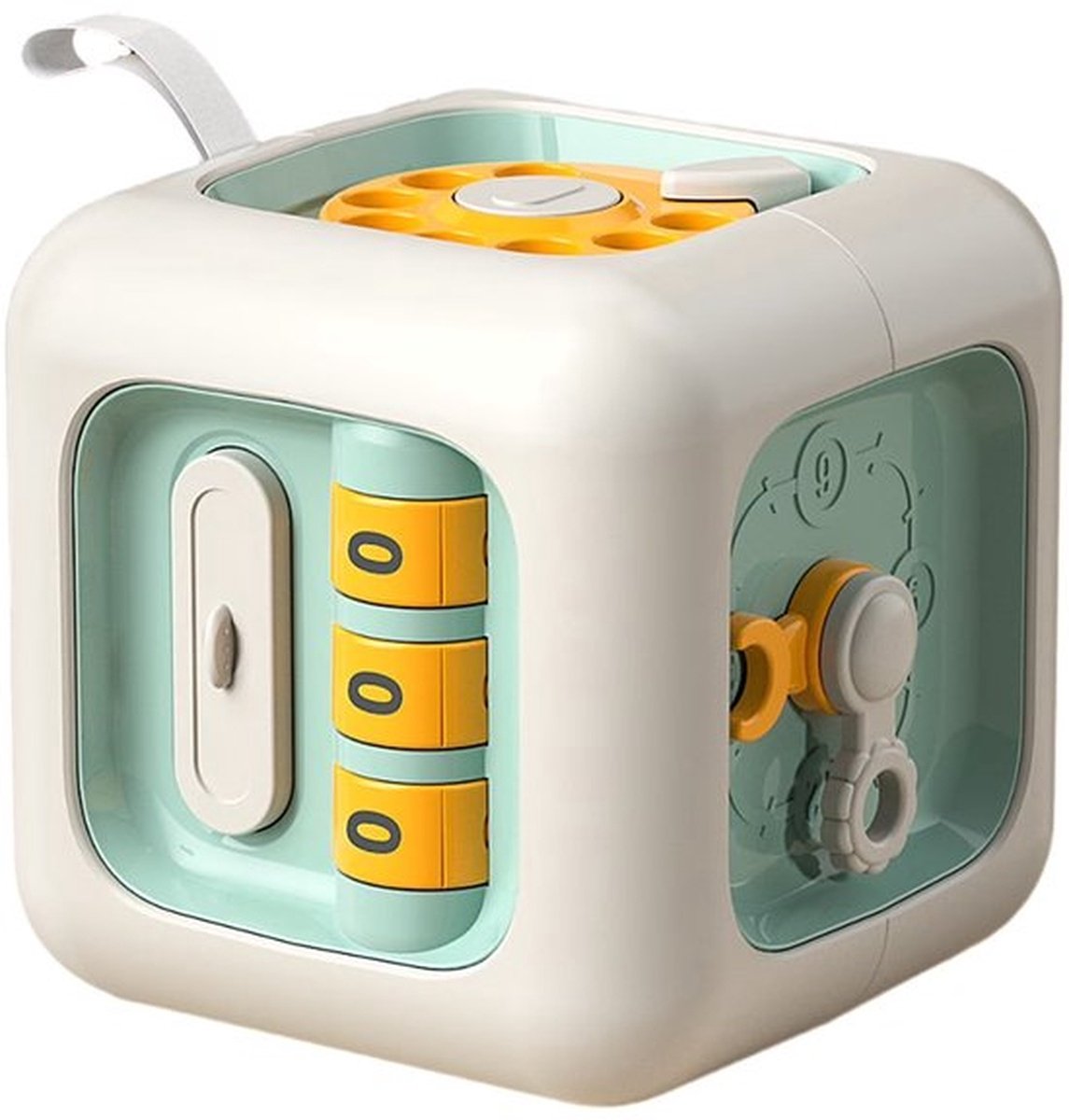 Groene Montessori Multifunctionele Busy Cube — Een 6-in-1 educatief activiteitenblok, speciaal ontworpen voor baby's en peuters; een zintuiglijk stimulerend speelgoed, geschikt voor baby's vanaf 1 jaar.