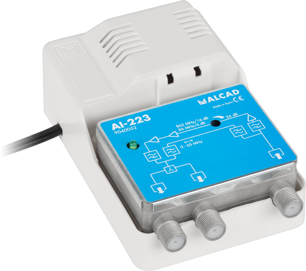 Alcad AI-223 - Signaalversterker - 25 dB Winst - 2 Uitgangen - 230 V Voeding