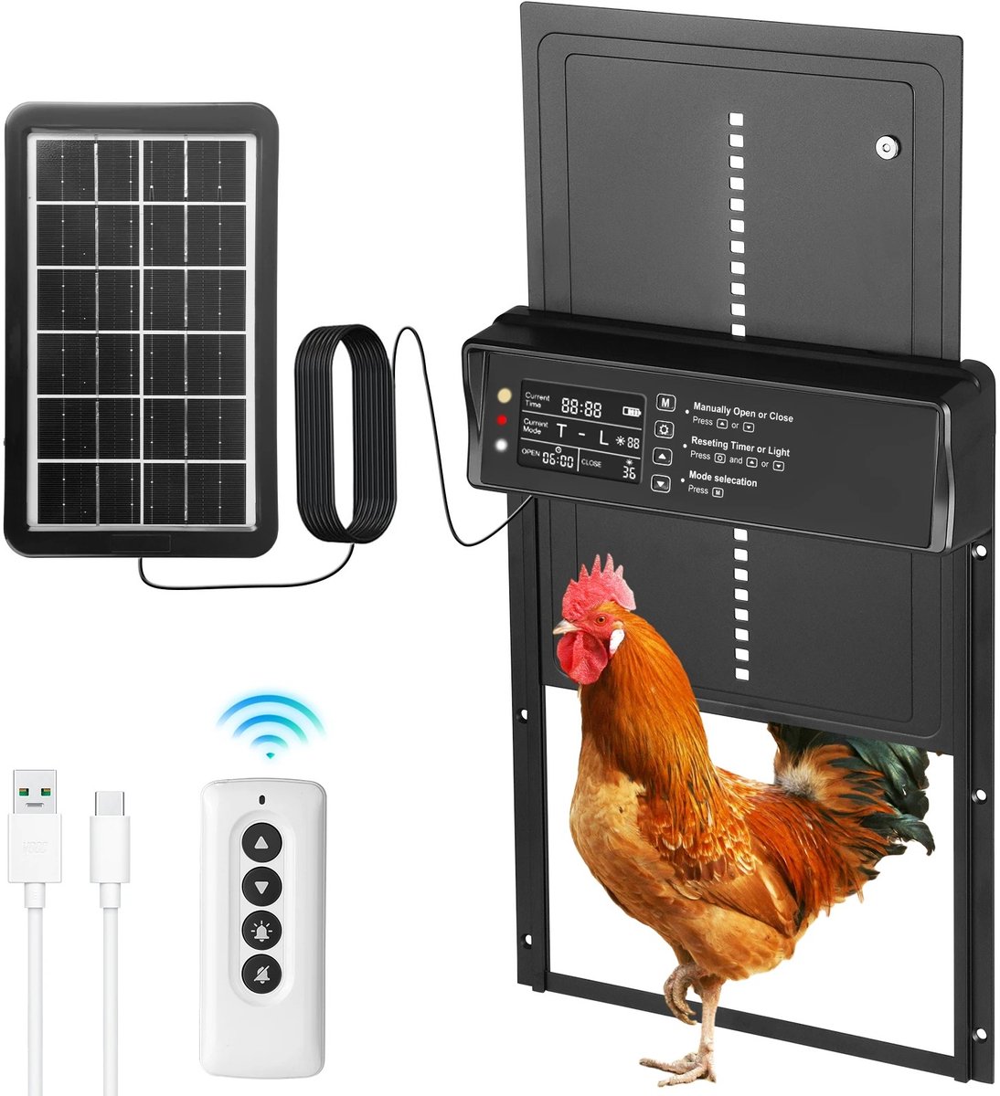 NordHaus Automatische Kippenhokdeur - Slimme Kippenhok Deur - Timer en Lichtsensor - Zonnepaneel USB-C - Afstandsbediening