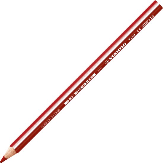 Een rood STABILO Trio potlood met witte strepen en dikke kern.