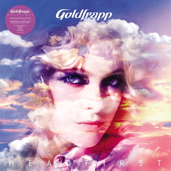 Albumhoes voor Goldfrapp Head First, met een dubbele belichting van een vrouw en een hemel met wolken. Titel "Head First" onderaan.