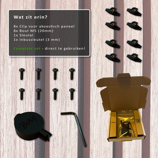 Complete set van 8 clips, 8 bouten, 1 inbussleutel en 1 sleutel voor akoestisch paneel.