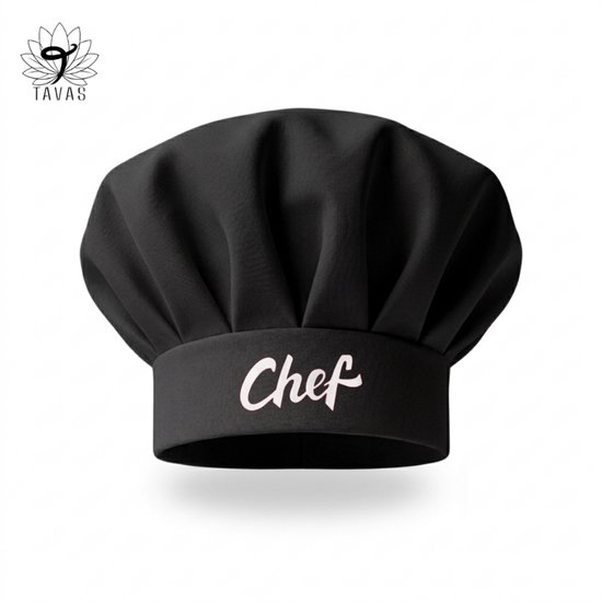 Bonnet de chef noir avec l'inscription 'Chef', sur fond blanc.