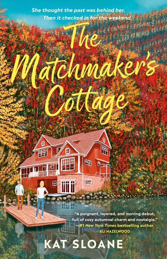 De kaft van 'The Matchmaker's Cottage' toont een rood huis in de herfst, met twee mensen op een steiger. De titel is in gele letters.