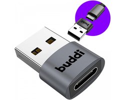 Buddi Ease | USB-C naar USB-A Adapter | OTG | Verloop | Converter | Koppelstuk | Tussenstuk | 480 Mbps gegevensoverdracht | 12W Opladen | Werkt ook met Apple CarPlay & Android Auto | Grijs