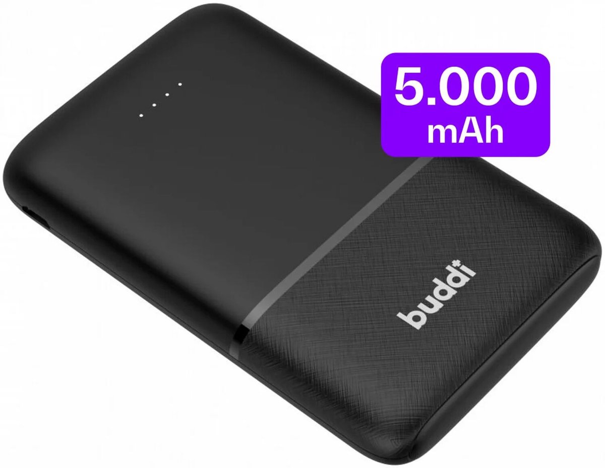 Buddi Go Powerbank | 5.000 mAh | Reisformaat | Compact | Klein | Ultra Dun | 2.4A USB-C en USB-A | Universele Powerbank voor o.a. Samsung / iPhone | Zwart