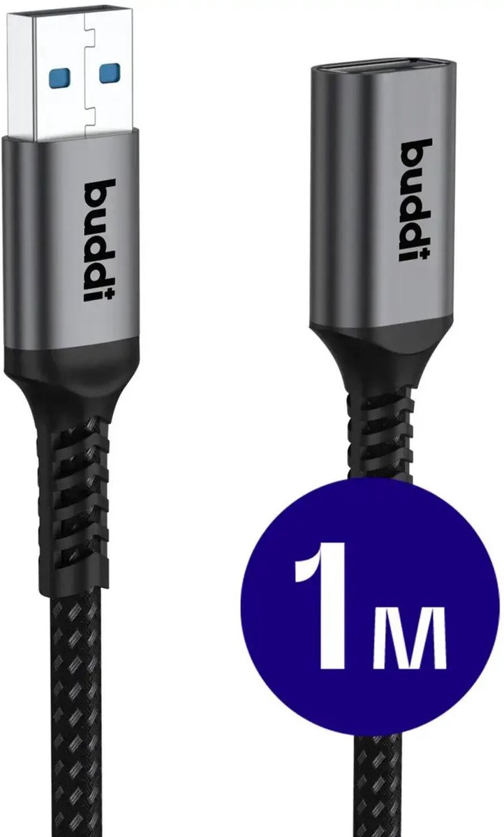 Buddi Flex | USB-A naar USB-A Verlengkabel | USB 3.0 | Female naar Male | Geschikt voor printers, telefoon, USB-sticks, harde schijven en meer | USB Verlengsnoer | Gevlochten Nylon | 1M | Zwart — afbeelding 1