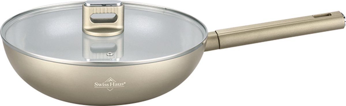 Swiss Haus® SCW30CH Wokpan Inductie met Deksel - Ø 30 cm - PFAS Vrij - Wokpannen Voor Alle Warmtebronnen - Wok Pan Met Sapphire™ Antiaanbaklaag - Champagne