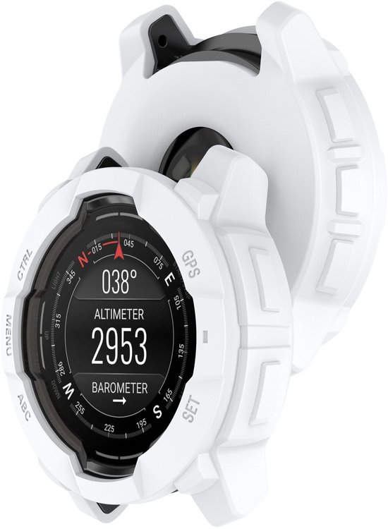 Wit Garmin Instinct 3 (50mm) smartwatch in een beschermhoesje, met 'CTRL', 'MENU', 'ABC', 'GPS', 'SET' knoppen en een scherm dat altimeter en barometer toont.