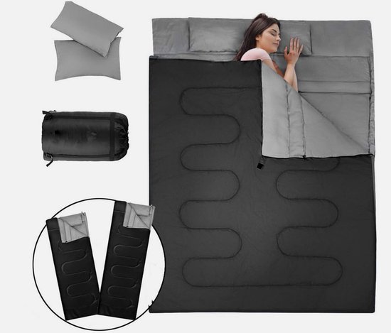 KOMFOTTEU tweepersoonsslaapzak met 2 kussens - 220x150cm campingslaapzak - slaapzak voor 2 personen - 0 - 15 °C - dekenslaapzak - 2 gebruikswijzen
