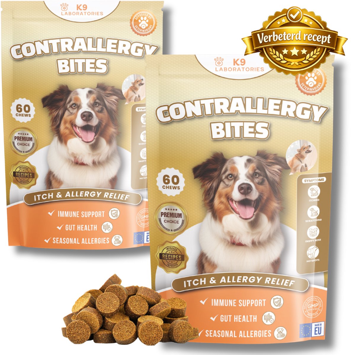 K9 Laboratories Contrallergy - Hotspot Hond - Hondensnoepjes - Gezonde Hondensnacks - Anti Jeuk Hond - Honden supplement - Bij Allergie, Overgevoeligheid, Jeuk - 120 stuks
