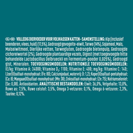 Ingrediëntenlijst van Purina One Sterilcat kip.