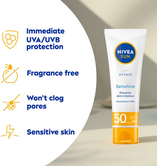 NIVEA SUN Face Sensitive Zonnebrand Gezicht - SPF 50 - Voor de gevoelige huid - Zonnebrandcrème - Parfumvrij - 50 ml
