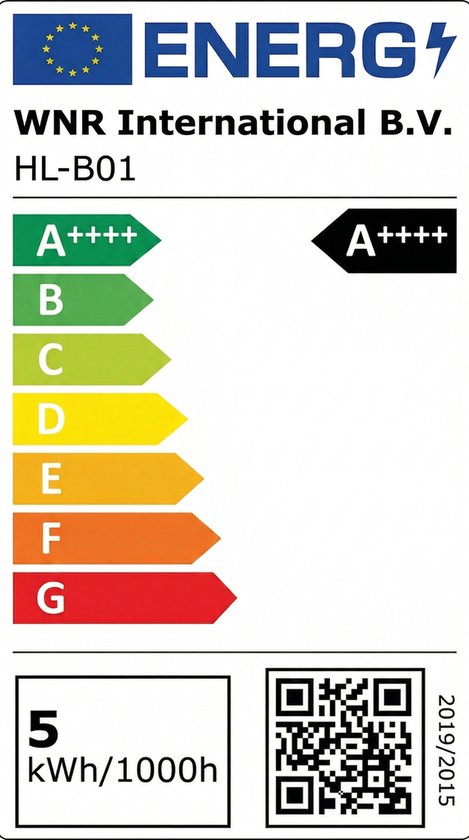 Energielabel met A++++, 5 kWh/1000h en QR-code.