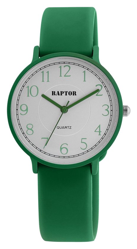 Groen Raptor horloge met witte wijzerplaat, groene cijfers, groene wijzers en groene band.