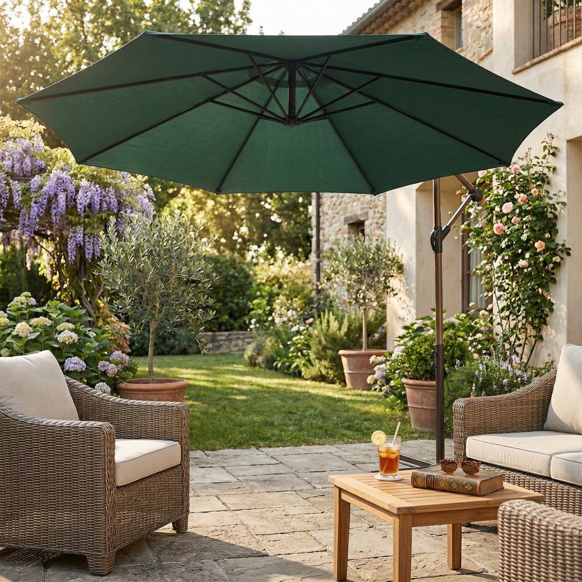 AXI Dion Zweefparasol Ø 300cm Eikenlook/groen – Gepoedercoat frame met kruisvoet – foto 2