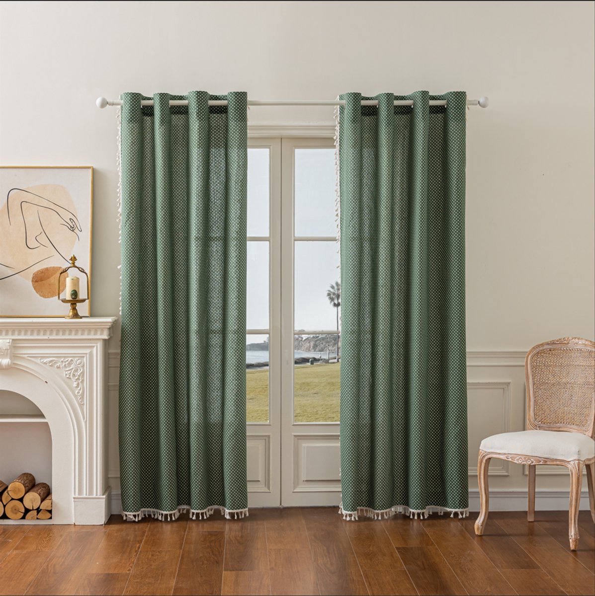 Floraweg vintage groene gordijnen met stippen – Frans katoen-linnen met franjes – crèmekleurige halfverduisterende gordijnen voor slaapkamers en woonkamers, 140 x 220 cm, met haakjes ringen