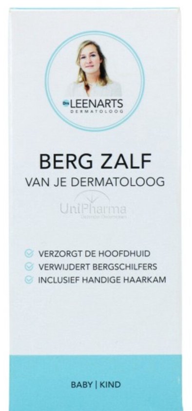 Witte kartonnen verpakking met blauwe en zwarte tekst. Bevat een portret van Dr. Leenarts. "BERG Zalf VAN JE DERMATOLOOG" staat centraal.