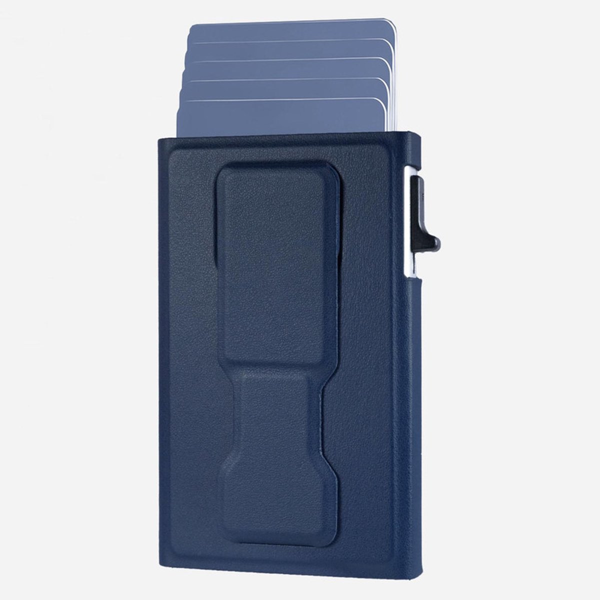 Magnetische Telefoonhouder met RFID Kaarthouder wallet - 5 Pasjes - geschikt voor Magsafe - geschikt voor iPhone 12 / 13 / 14 / 15 / 16 / 17 / PRO / PRO MAX - Aluminium en PU Leer - blauw
