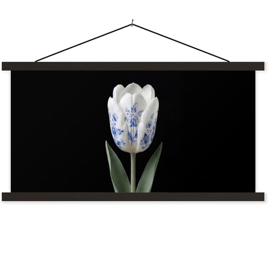Posterhanger incl. Poster 60x30 cm - Schoolplaat - Tulp - Patroon - Blauw - Textielposter - Zwarte latten