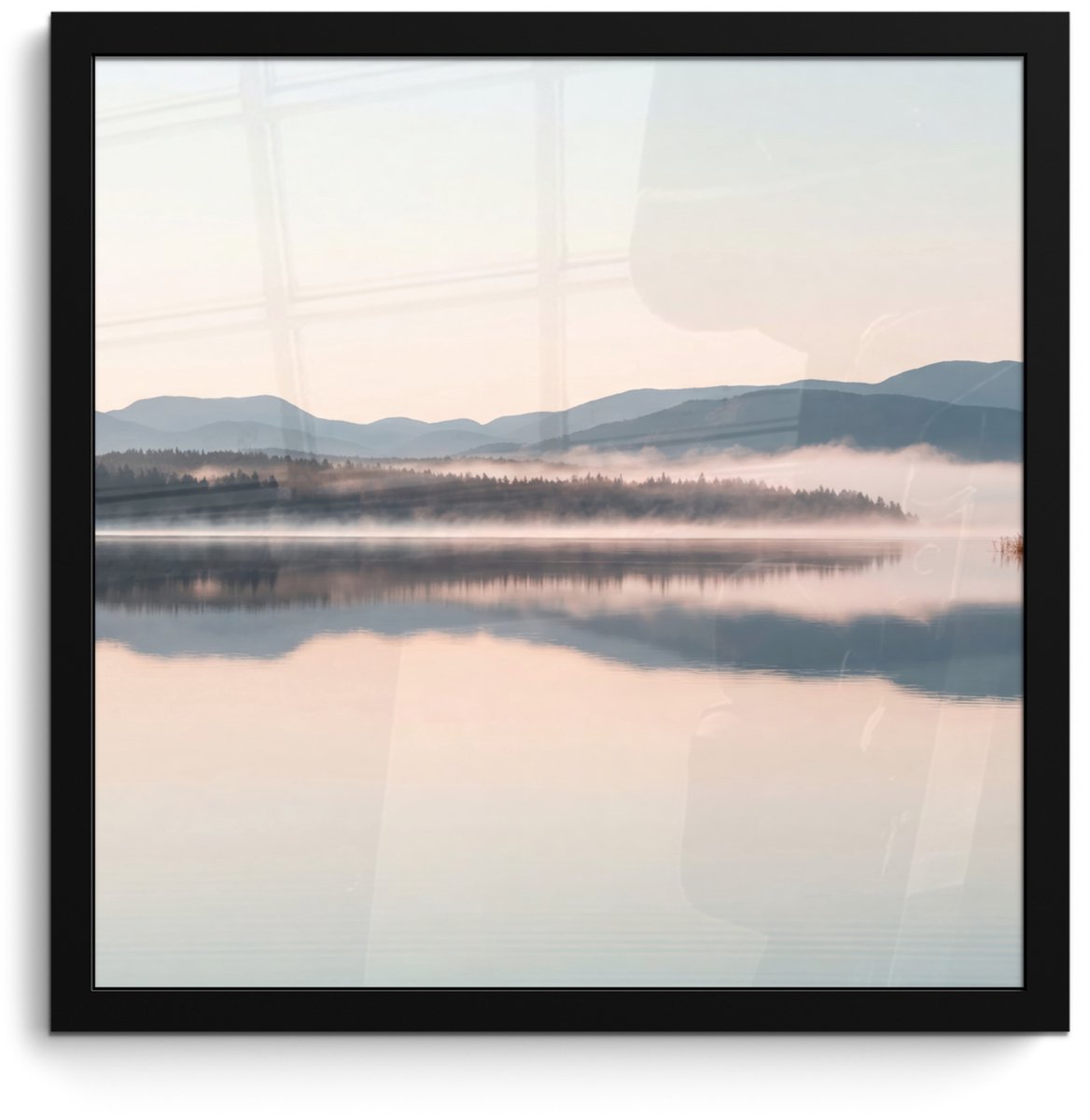 FrameYourWall Poster in lijst - Fotolijst 40x40 cm - Posters - Water - Bomen - Mistlaag - Posterlijst zwart - Decoratie - Wanddecoratie woonkamer - Muurdecoratie slaapkamer