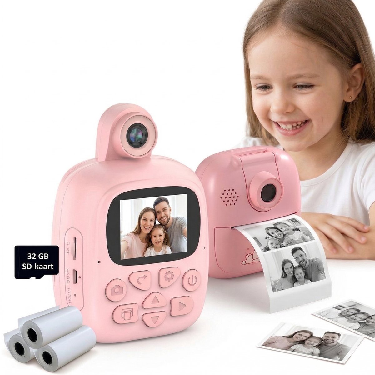 Caryota 3 in 1 Kindercamera - Fotoprinter - Vloggen & Gamen - Full HD 1080p - 32GB SD-kaart - Inktvrij - Instant Print - Verstelbare Camera - Roze