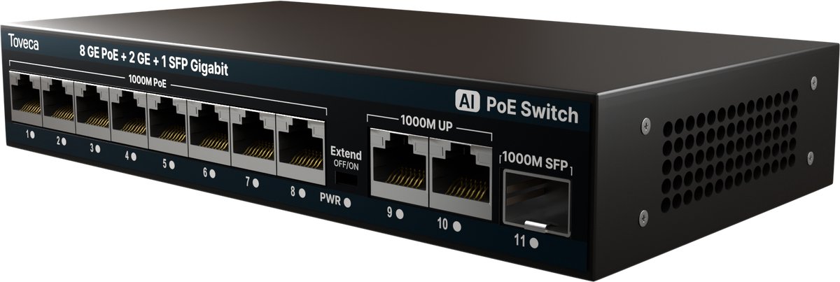 Toveca PoE Switch 8 Poort - Netwerk Switch - 1 Gbps - 8 PoE & 2 RJ45 & SFP - 120W