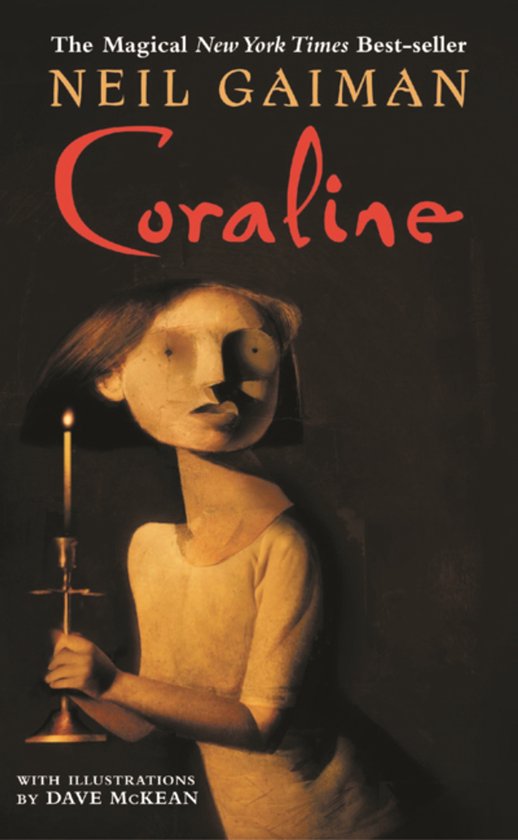 Boekomslag van Coraline van Neil Gaiman, met een illustratie van een meisje met een kandelaar en een donkere achtergrond.