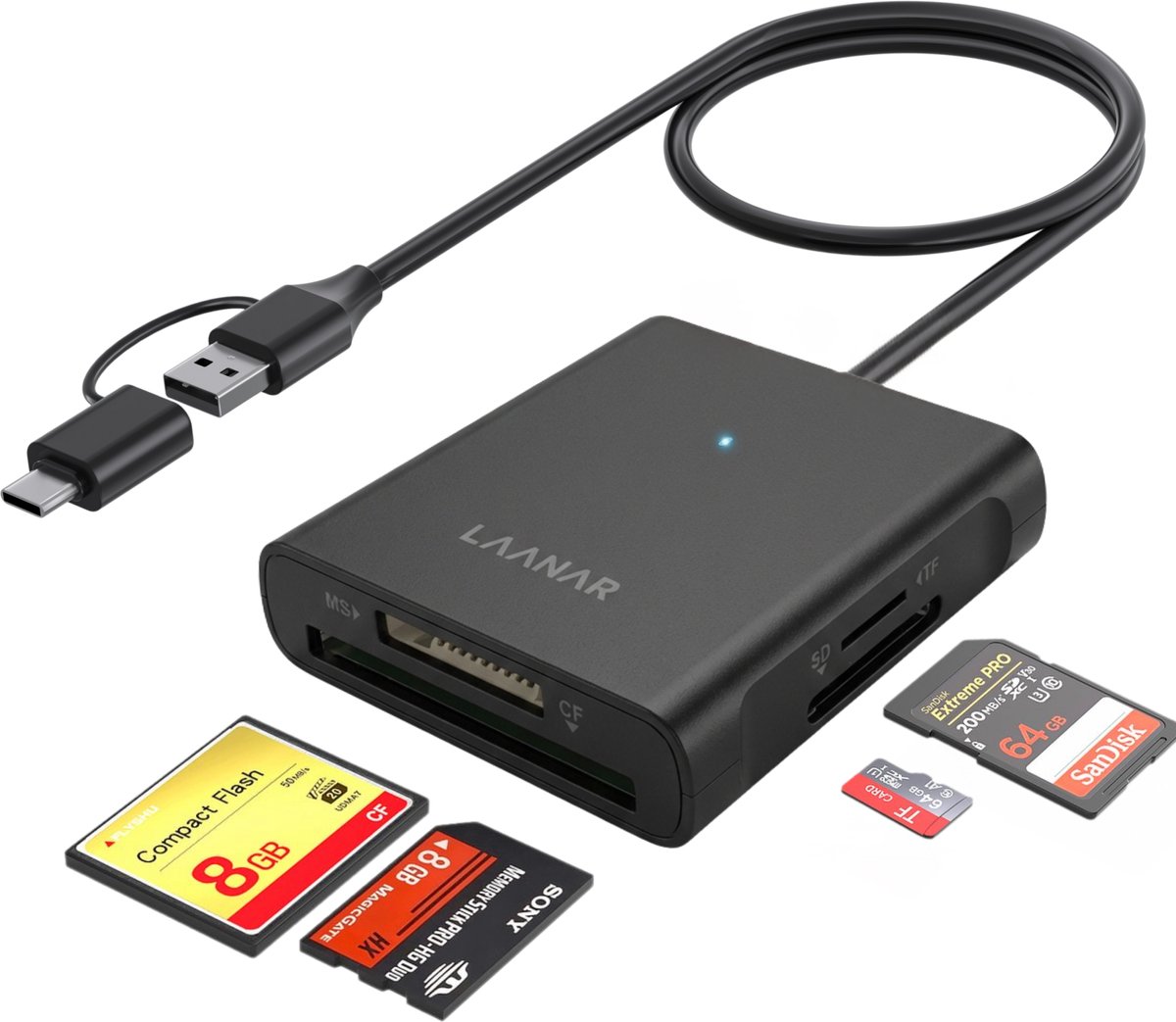 LAANAR® 4-in-1 SD kaart lezer met USB-A 3.0 / USB-C Aansluiting - High Speed 5 Gbps - Geheugenkaart lezer voor MS Kaart, CF Kaart, SD Kaart & Micro SD Kaart