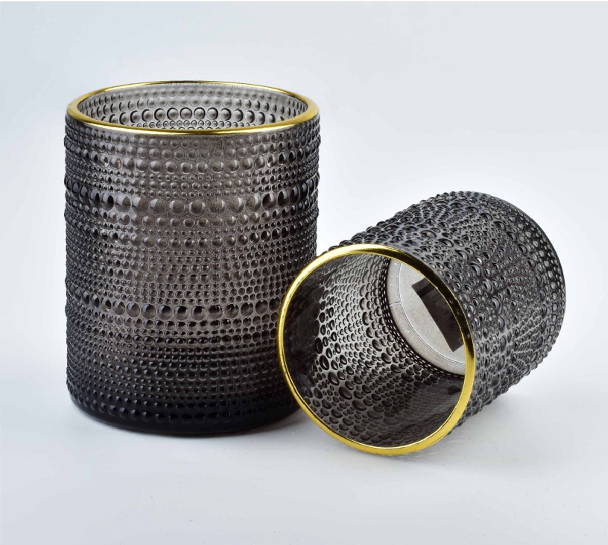 Mondex Theelichthouder Smoke Grey - waxinelichthouder smoke kleur met gouden rand - zwarte waxinehouder