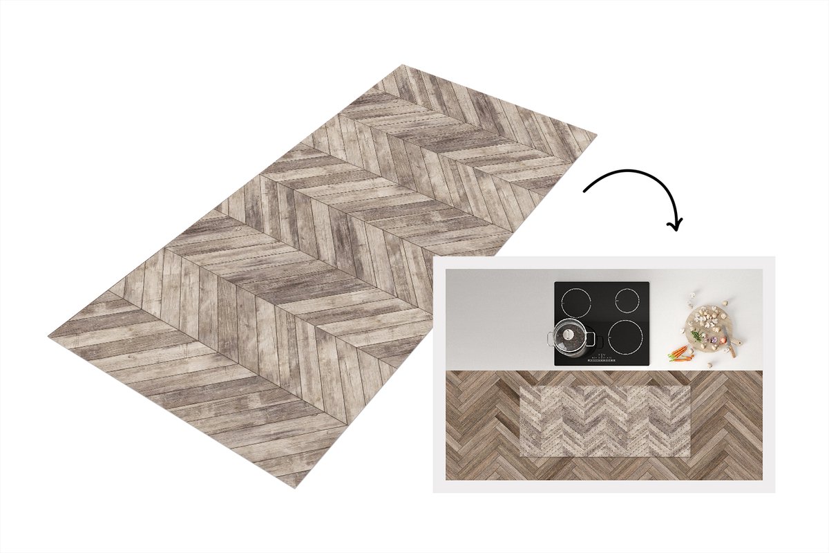 KitchenYeah Keukenloper 120x50 cm - Keukenmat vinyl Plank - Patronen - Brocante - Keukenmatten loper - Keuken vloerkleed tapijt Visgraat