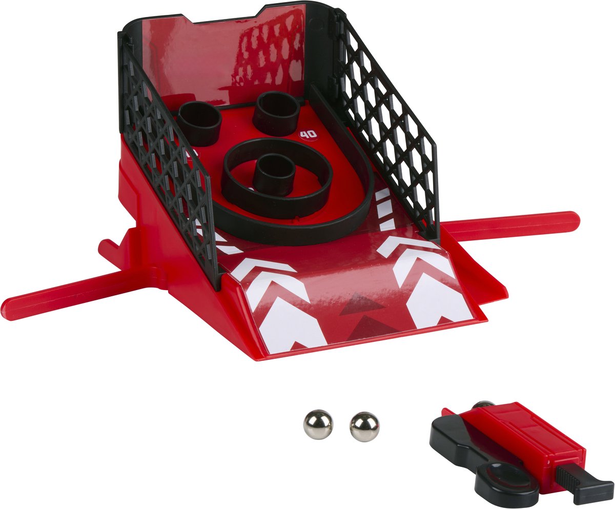 Eddy Toys skeeball desktopspel - compact bureauspel voor thuis of op kantoor - inclusief lanceerder en 3 metalen ballen - geschikt voor alle leeftijden - afmeting 16x11 cm - kleur rood