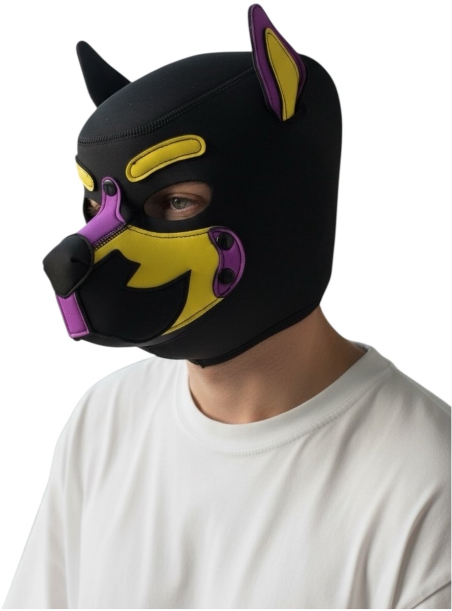 Hondenmasker Paars Geel Zwart – Puppy Play Masker – Verstelbaar & Comfortabel – Uniseks BDSM Accessoire – Kinky Pleasure®