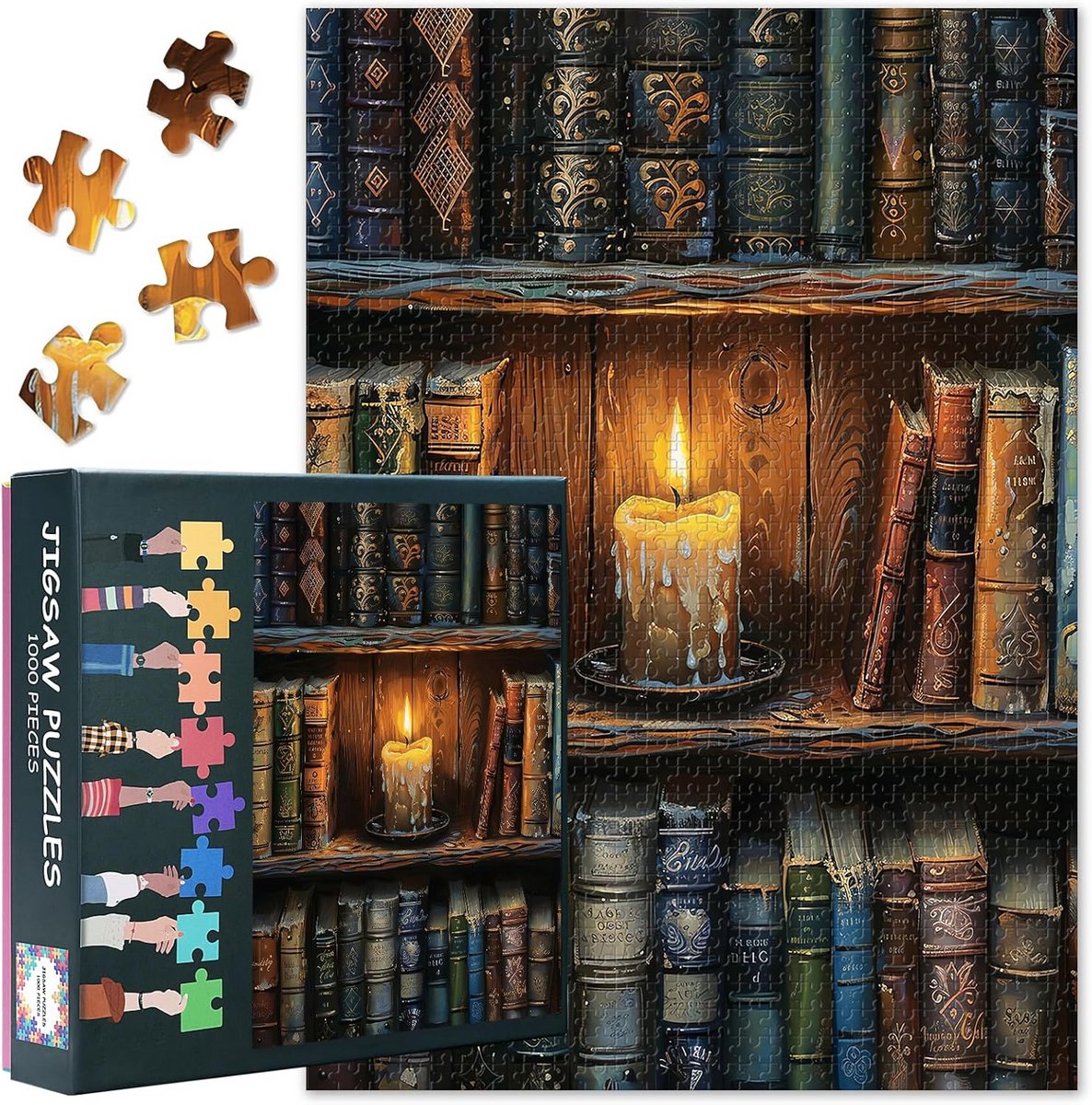 1000 Delen Puzzel Boekenkast met Brandende Kaars Kunst, Uitdagend Cadeau voor Volwassenen