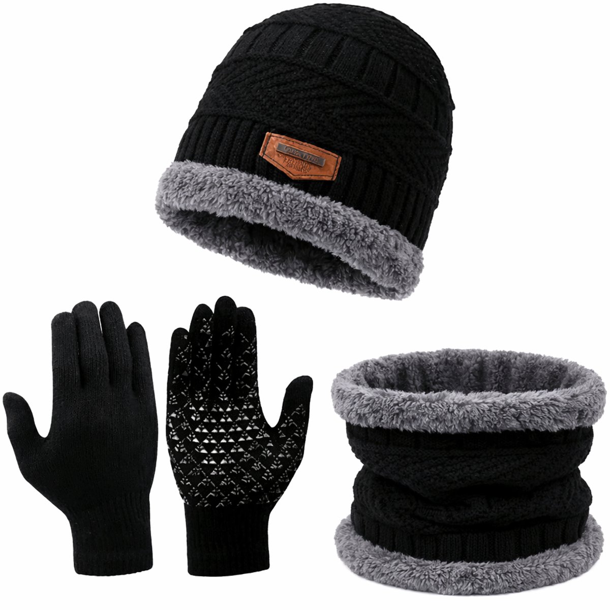 Winterset - Gebreide Beanie Muts, Col-Sjaal & Touchscreen Handschoenen - Wol Gevoerd - Warme Baggy Skimuts - Winter Muts, Nekwarmer en Touchscreen Handschoenen Set voor Heren & Dames - Ideaal voor Skiën & Outdoor - Zwart