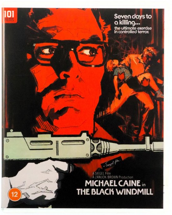 Filmcover "The Black Windmill" met een illustratie van Michael Caine, een pistool en een scène met gewonden.
