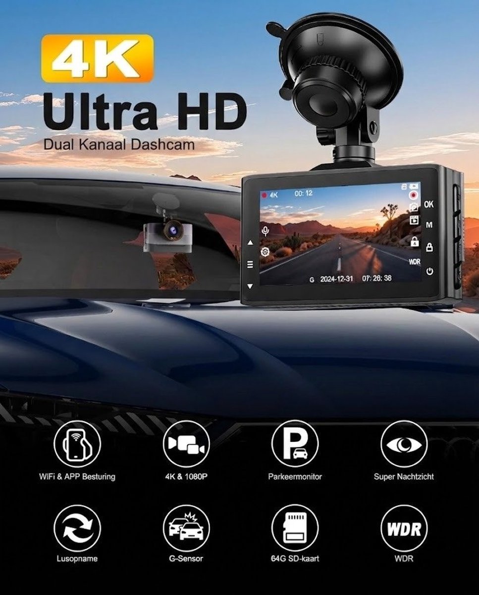 SNJY® Dashcam voor Auto - Auto Camera - Dashcam Voor en Achter Draadloos - 4 K - 64 GB - Zwart – foto 5