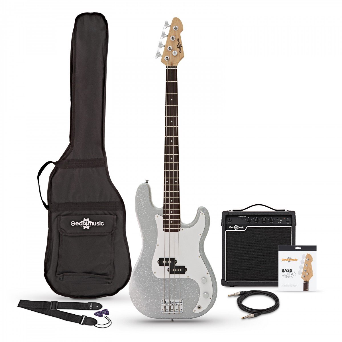LA Basgitaar + 15 W Versterkerpakket, Silver Flake