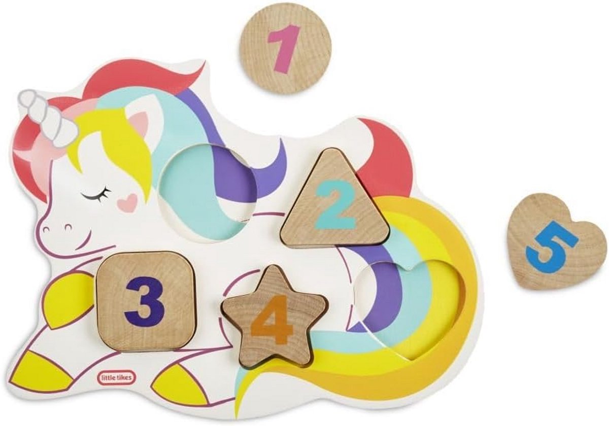 Houten Puzzel met Getallen en Vormen in Eenhoornvorm