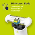 Close-up van het SkinProtect mesje van de OneBlade met een blauw schild.